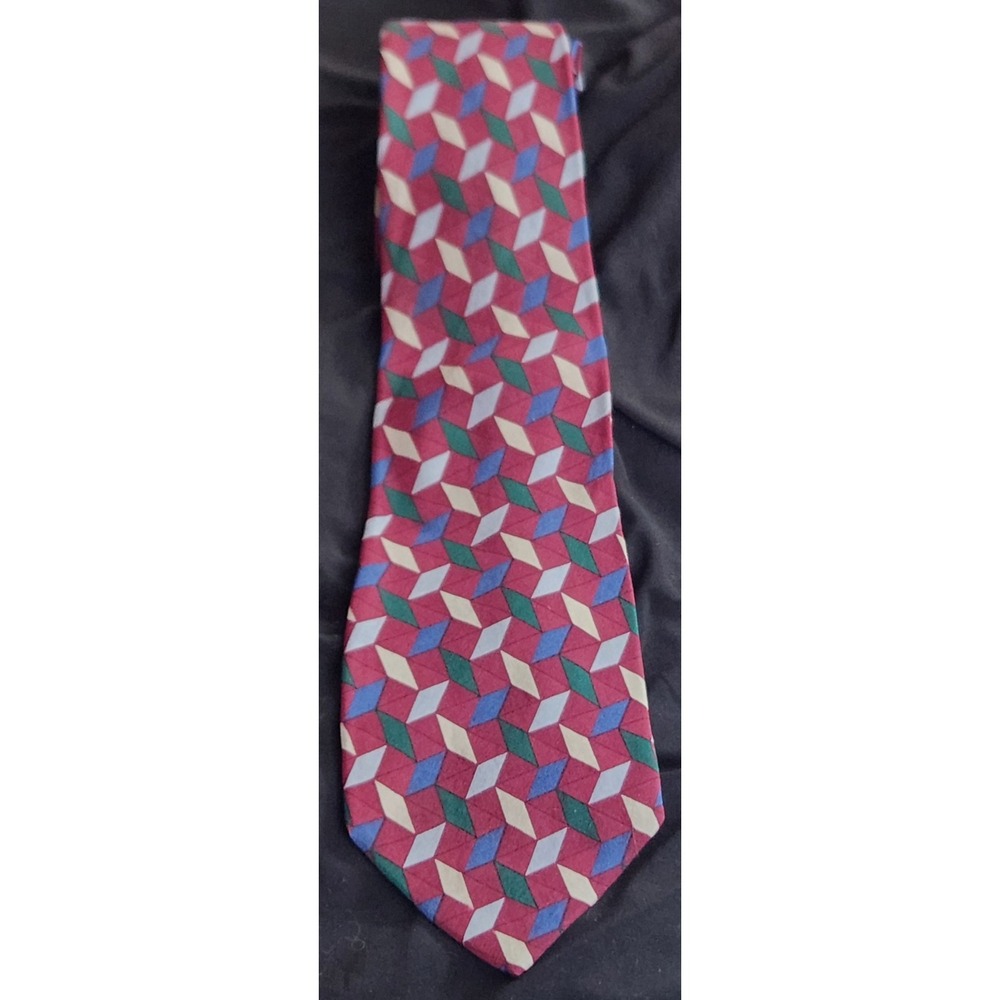Brandini Necktie Mens OS Burgundy Geometric Diamond 100% Silk Good Vintage Style